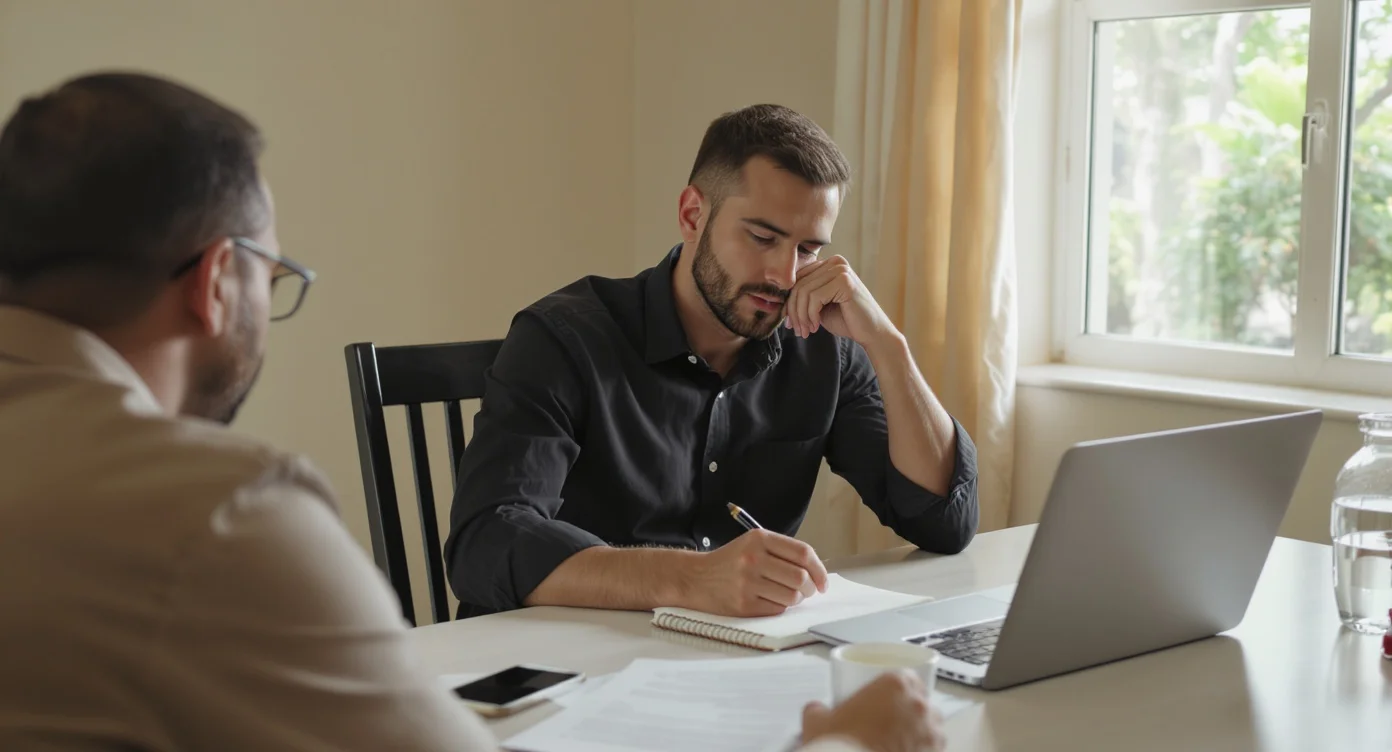 First-time buyer calmly reviewing financing documents.
