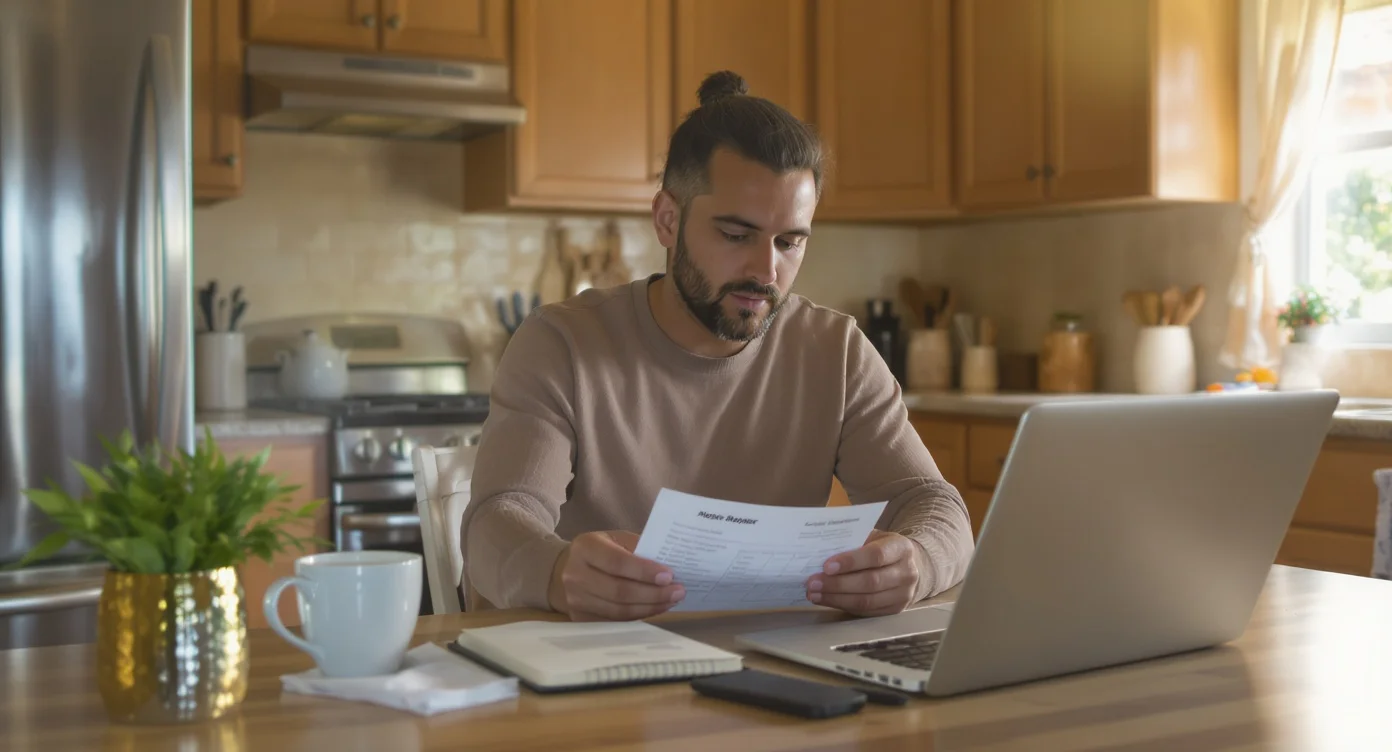 First-time buyer reviewing a monthly housing budget at a kitchen table.