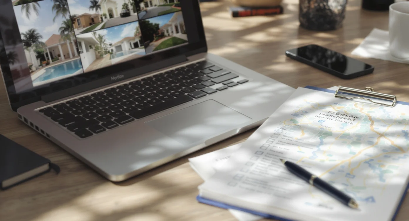 Laptop with blurred home photos beside a map and checklist.