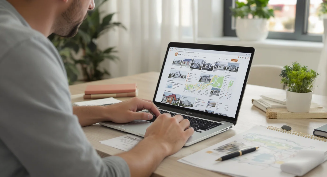 First-time buyer comparing online listings with a neighborhood map and notes.