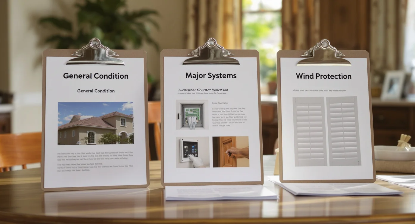 Inspection documents representing general inspection, 4-point review, and wind mitigation.