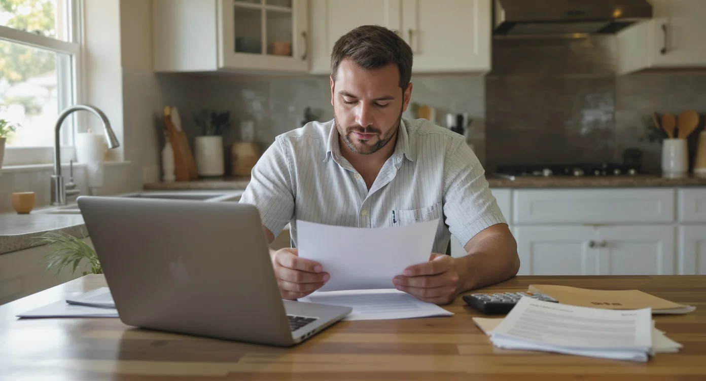Comprador de primera vivienda revisando documentos de seguro e impuestos de propiedad.