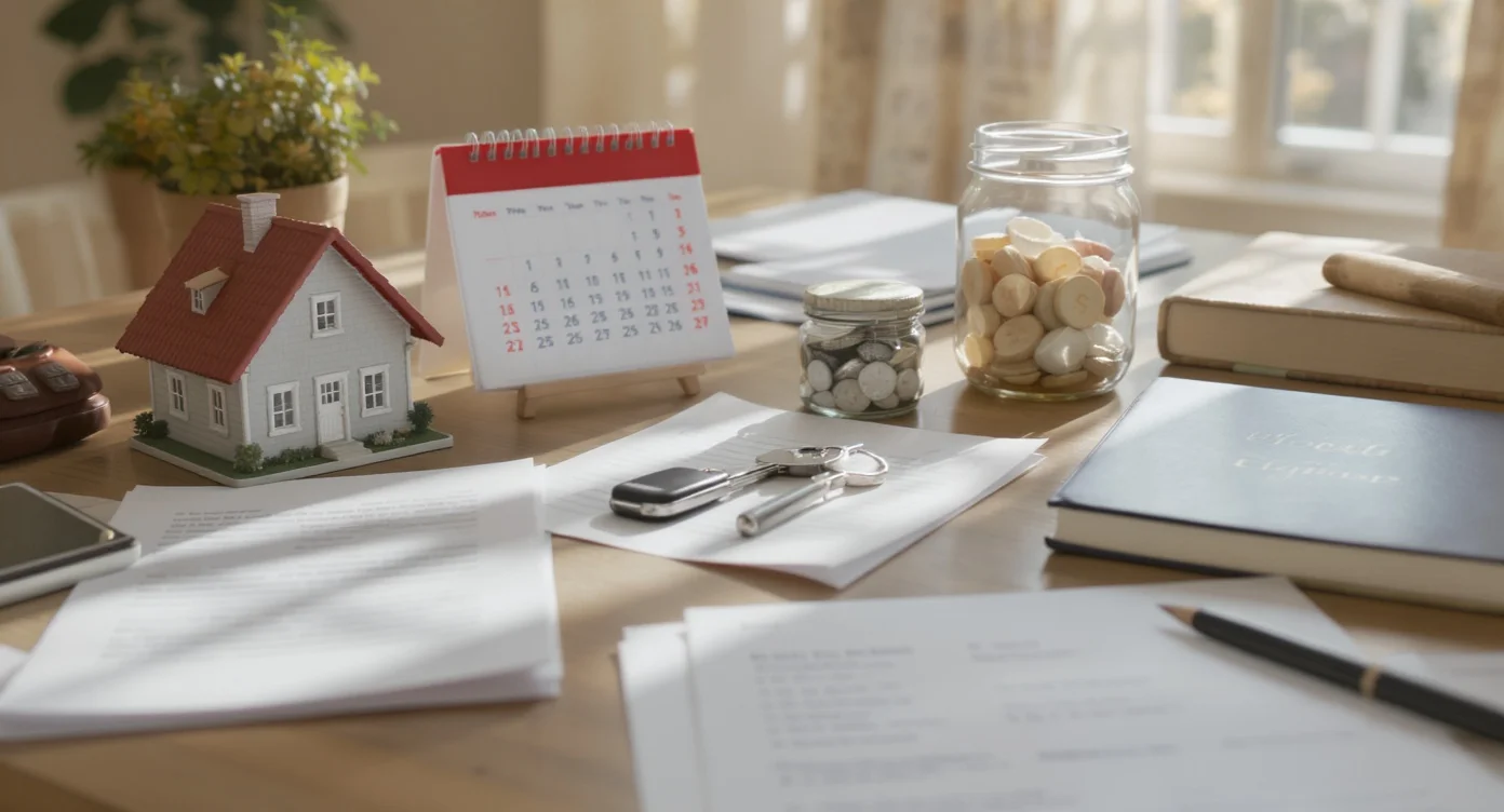 Mesa de planificación con objetos que representan las siete capas del ajuste a la vida al comprar una vivienda.