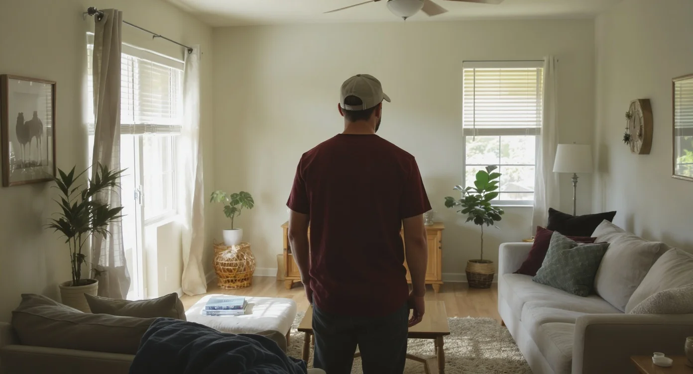 Comprador de primera vivienda pensando con calma dentro de una sala vacía en el Sur de la Florida.