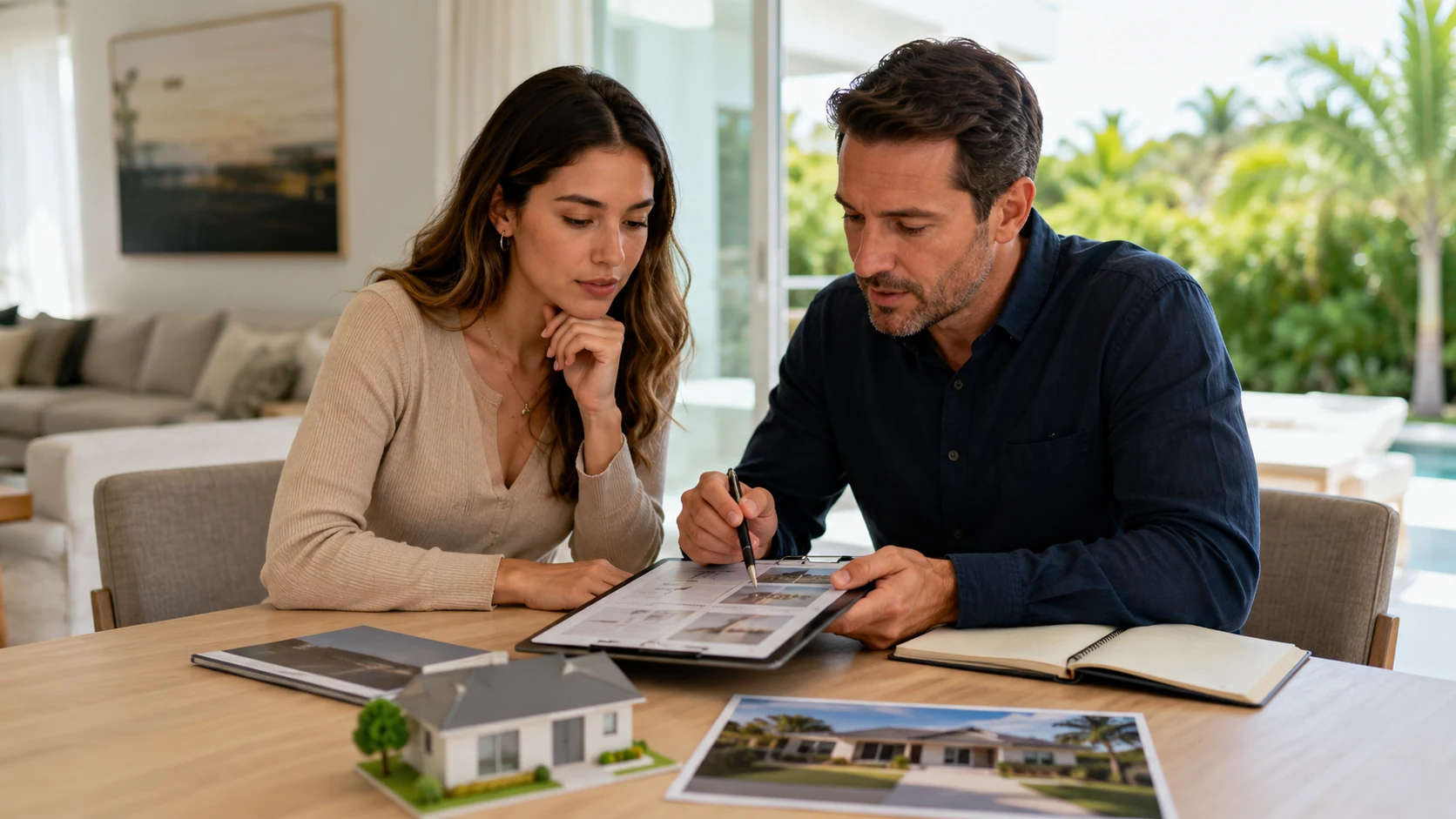 Buyer reviewing home inspection notes with an advisor during the inspection period.