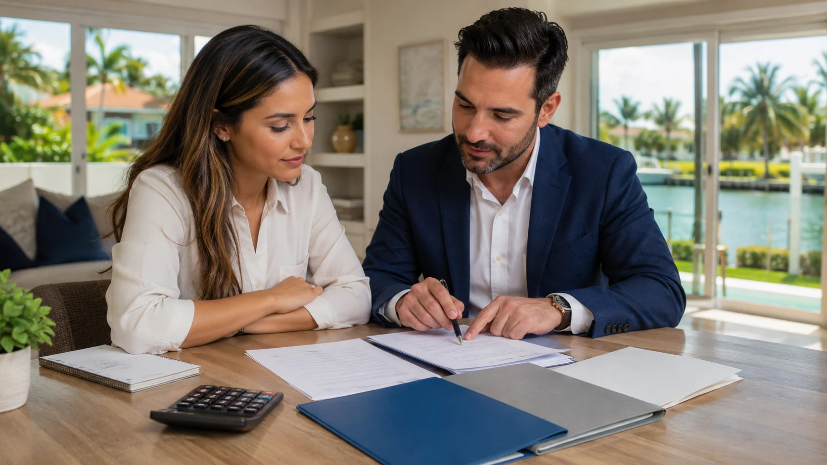 Comprador revisando seguro, impuestos y estimados del costo mensual de vivienda.
