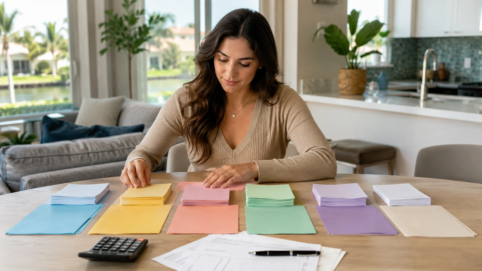 Homebuyer organizing the different parts of a monthly housing payment.