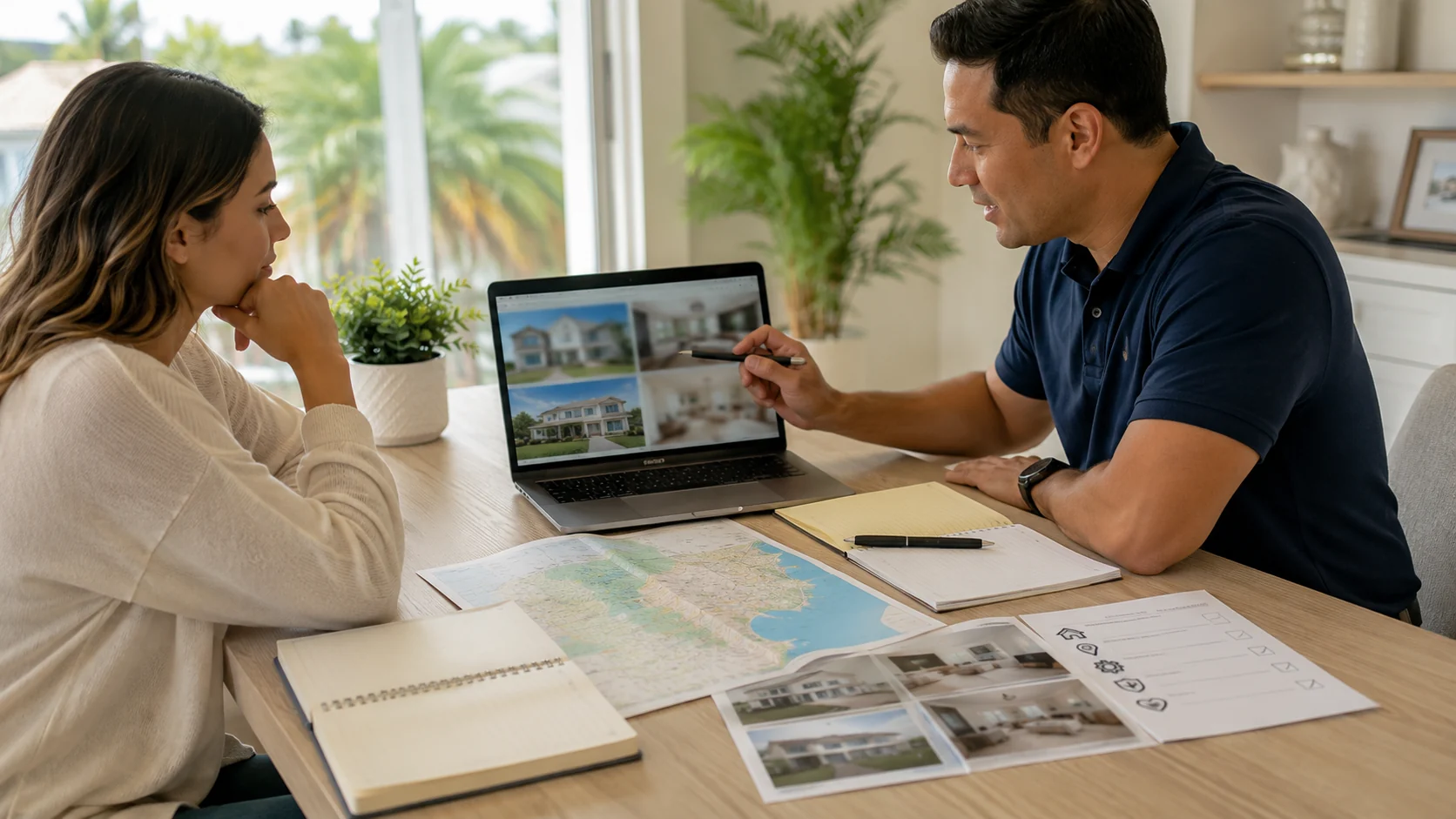 Buyer reviewing a property search with map, notes, and blurred listing images.