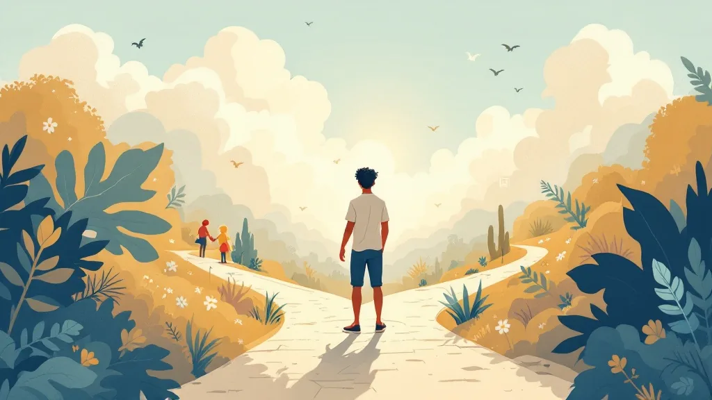 Buyer standing at a life-alignment crossroads with home, budget, family, and responsibility symbols
