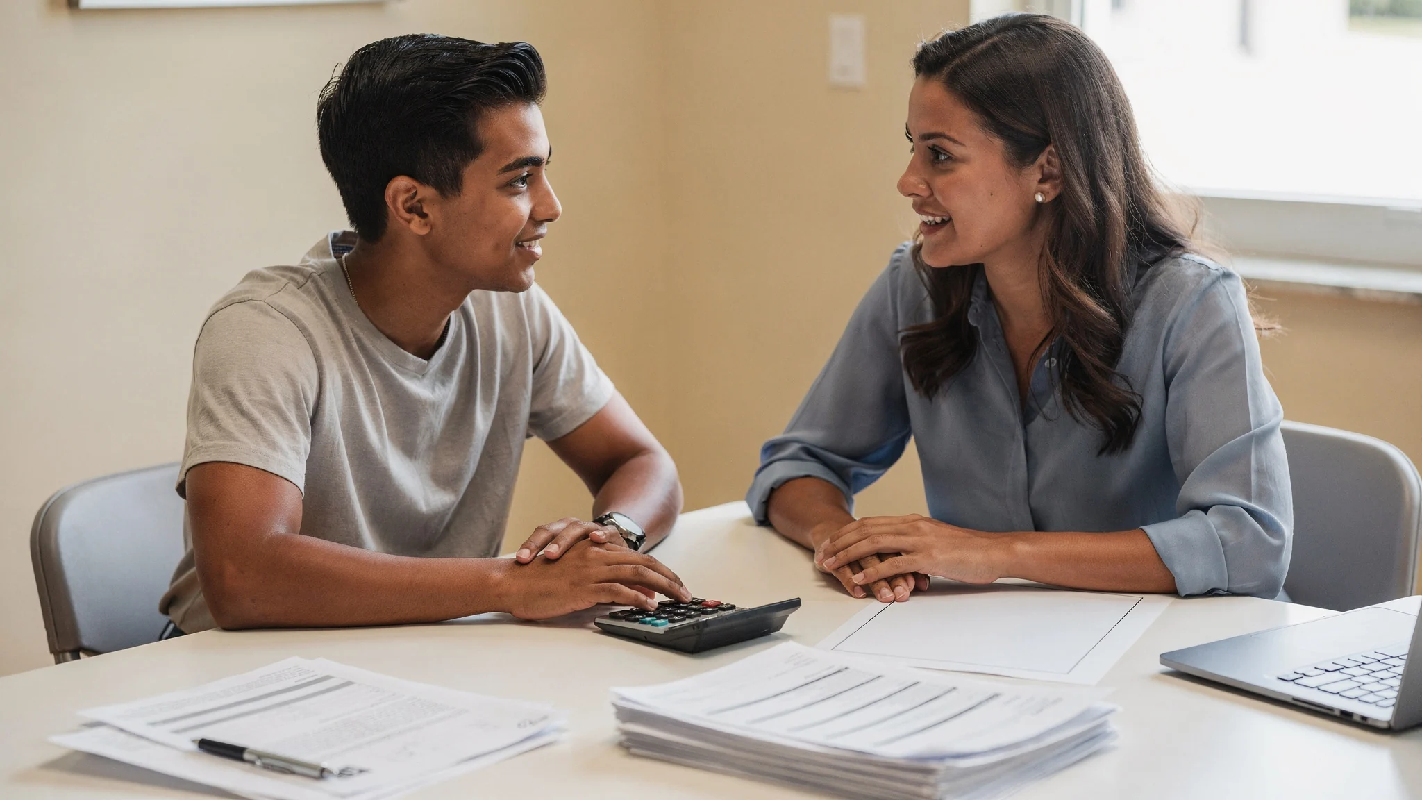 Comprador de vivienda revisando la responsabilidad de una hipoteca con un asesor.