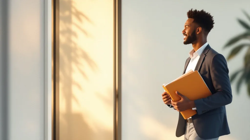 Prepared buyer carrying an organized folder into a professional meeting after completing Module 2