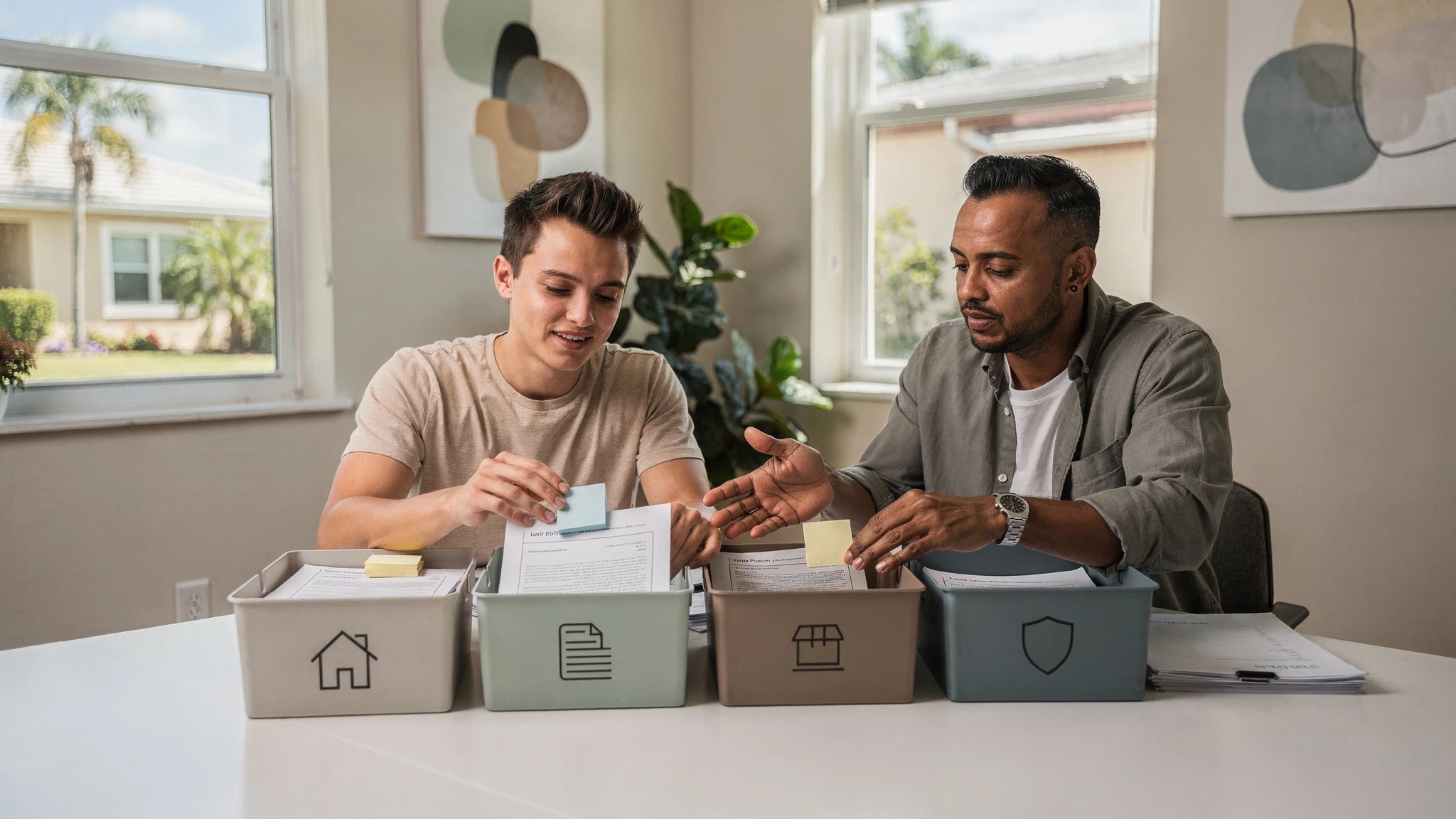 A first-time buyer calmly reviewing upfront homebuying savings organized into separate categories