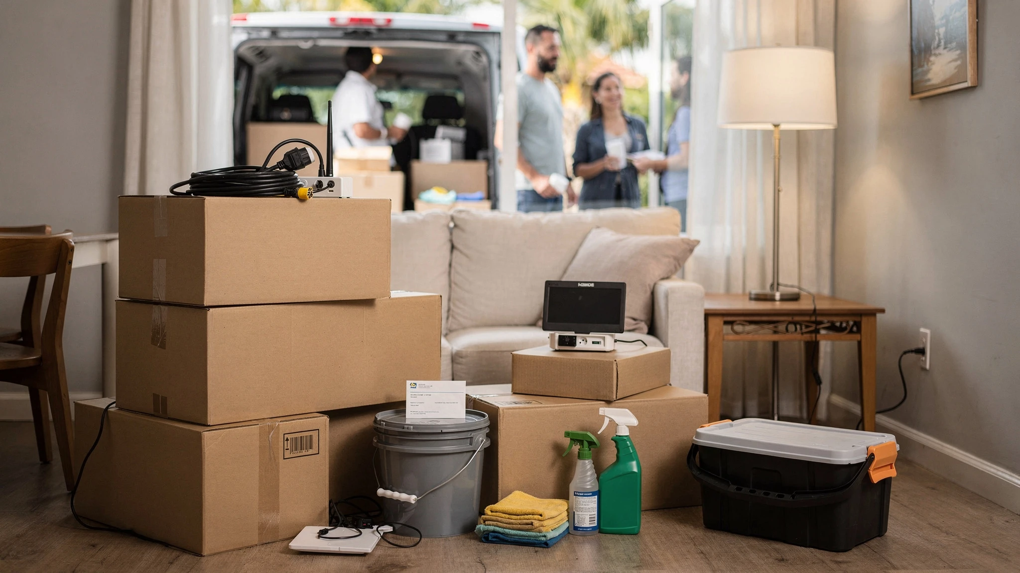 A security deposit shown beside a moving truck, boxes, and setup costs to illustrate that one upfront cost is not the whole move