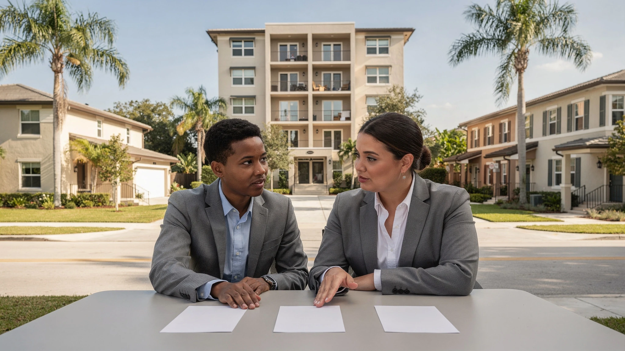 A single-family home, a condo, and a townhome shown side by side to illustrate that property category may affect financing review