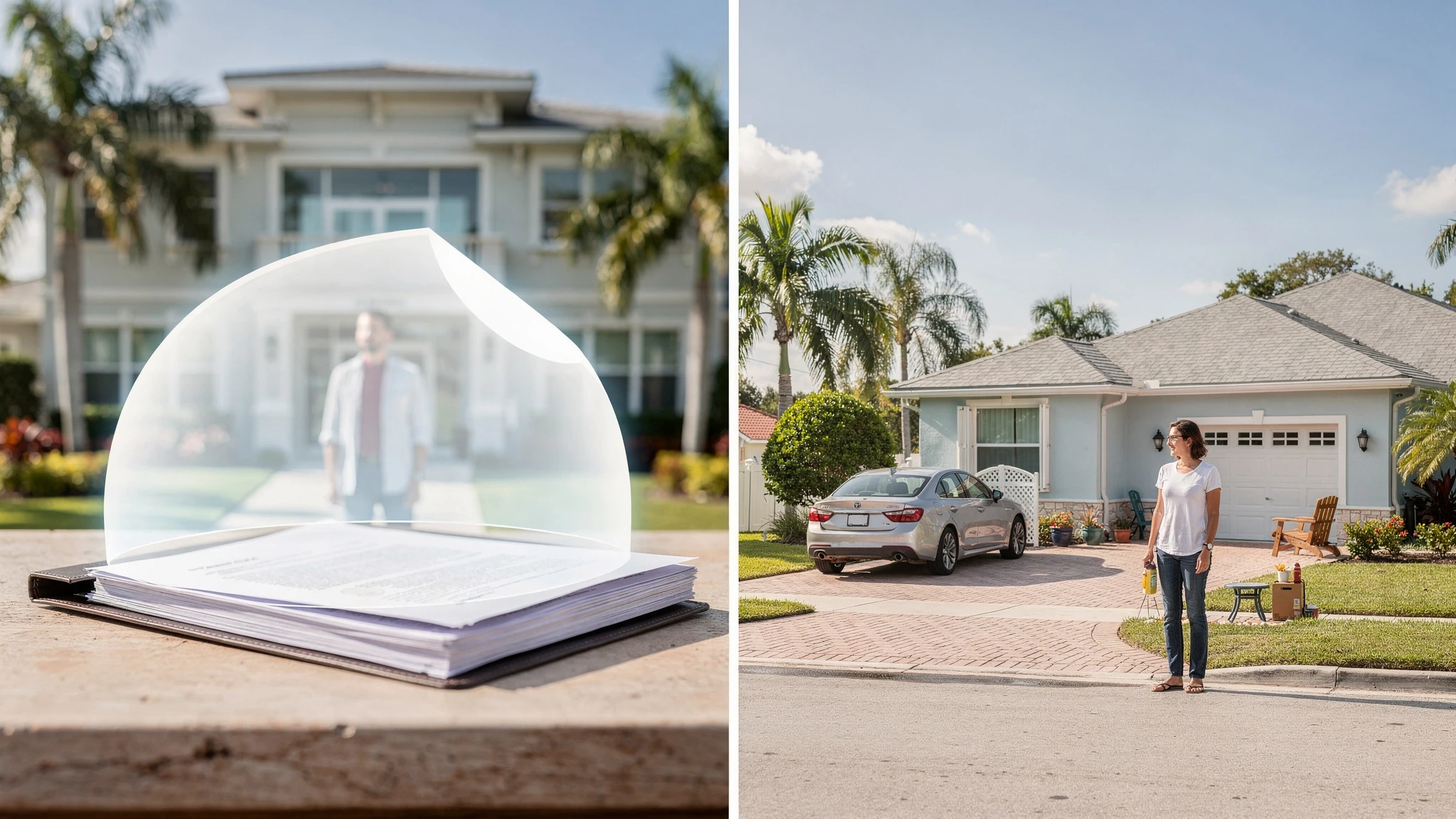 Two labeled columns contrasting what mortgage insurance protects versus what homeowners insurance protects