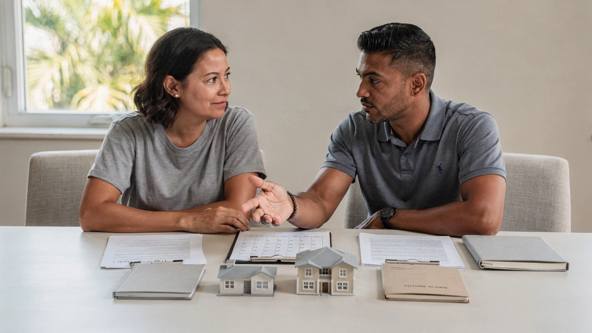 A calm buyer reviewing the full financing structure with official documents, presented neutrally