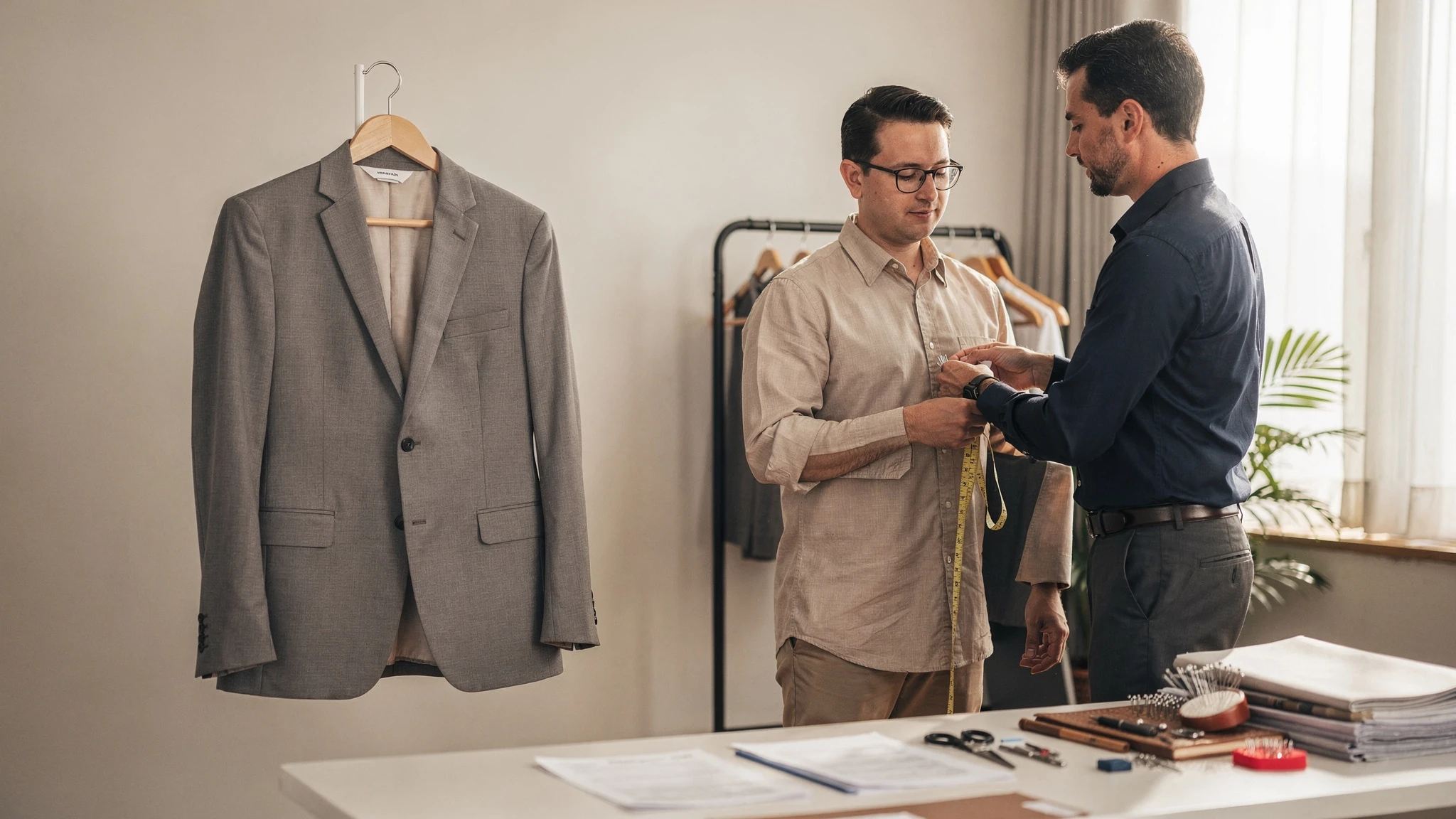 A suit on a hanger next to a tailor taking measurements, illustrating that fit requires the actual person