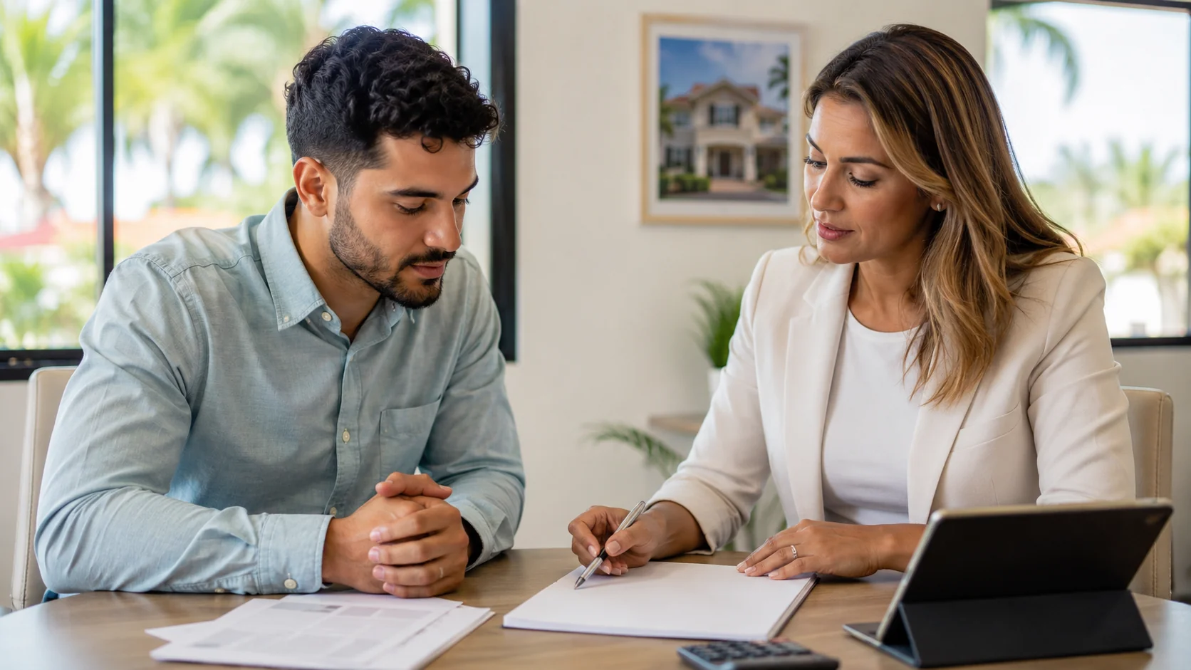 Buyer comparing home financing options with an advisor.