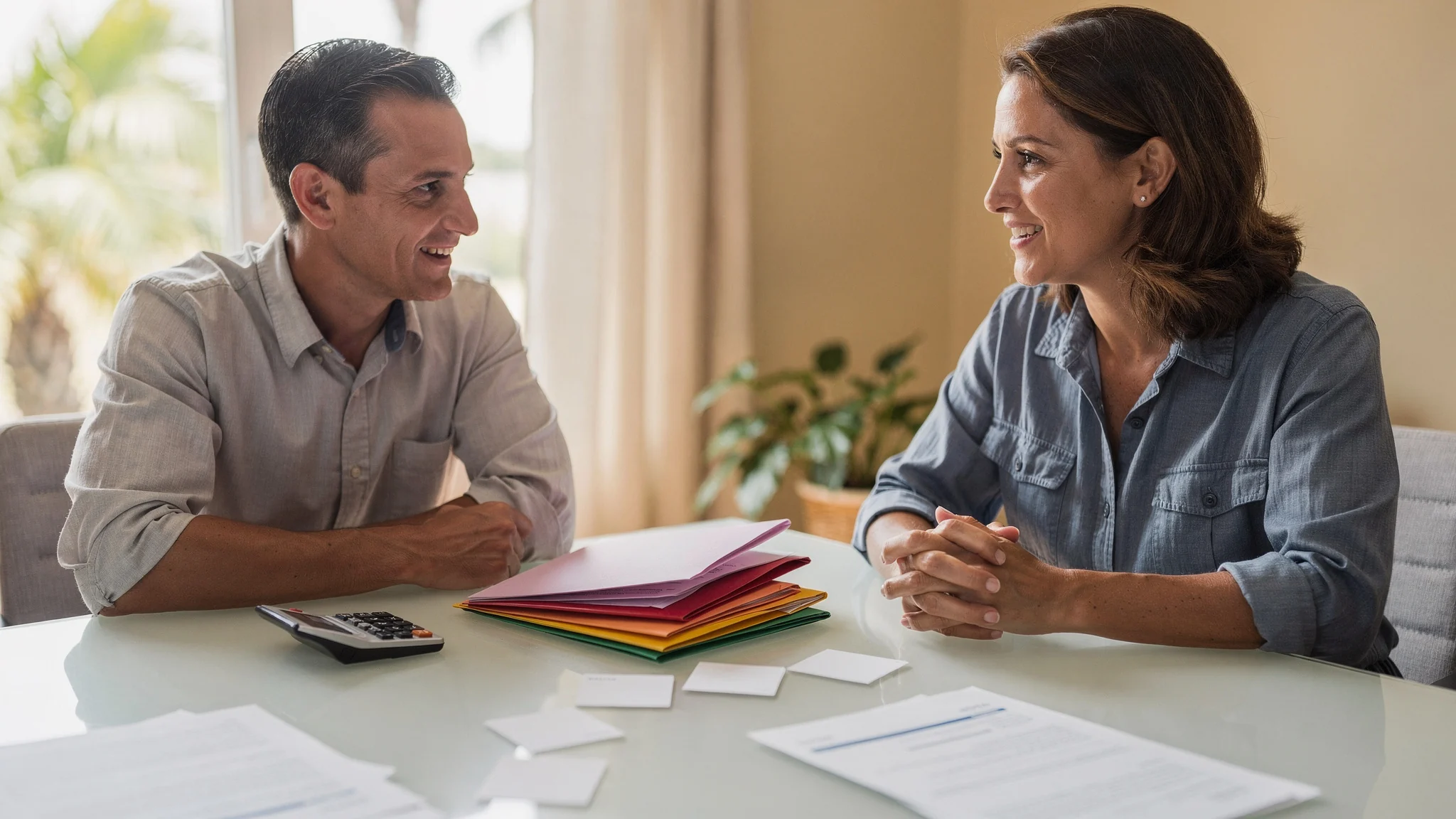 Comprador de primera vivienda revisando con calma sus ahorros iniciales organizados en categorías separadas