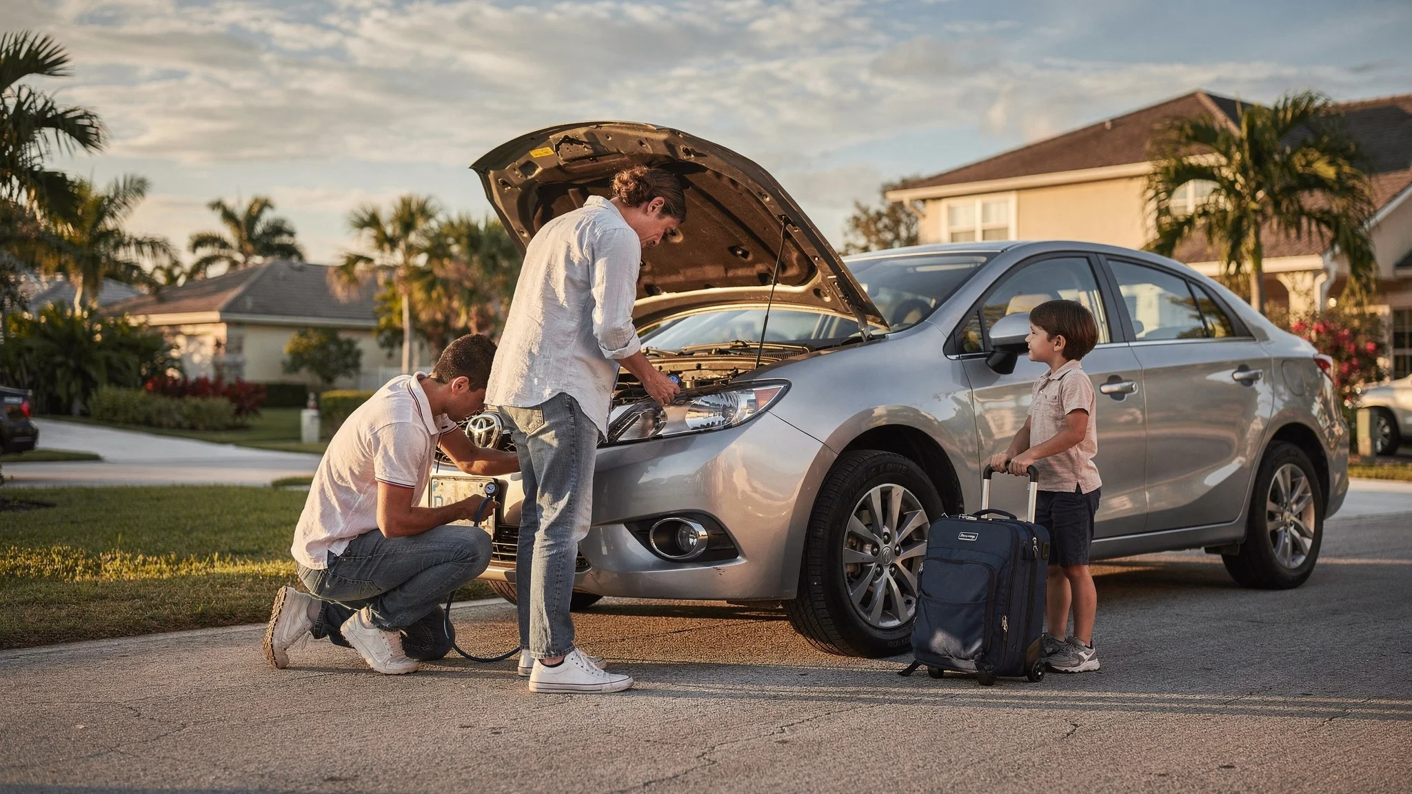 A family checking a car before a long road trip, illustrating understanding what you depend on before you set out