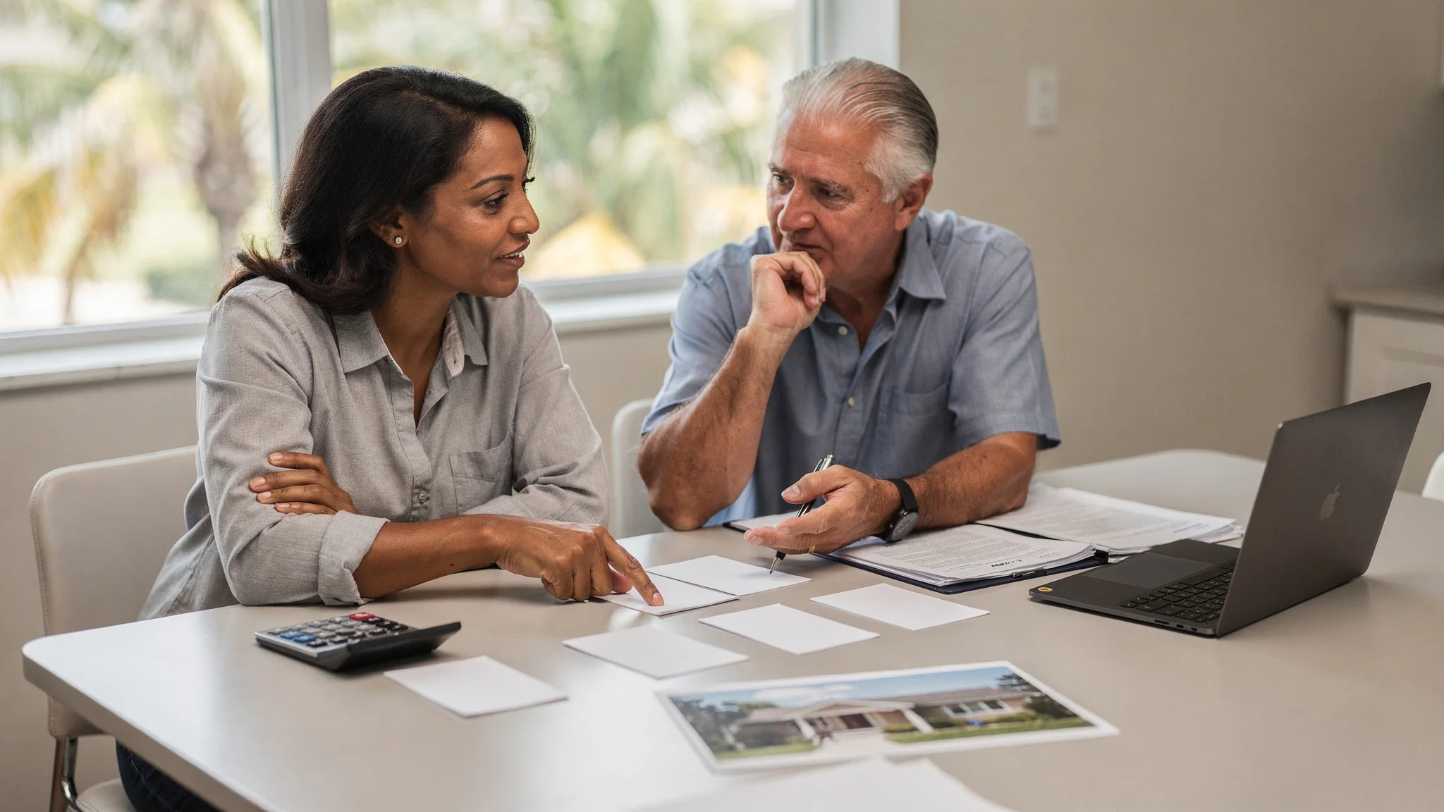 Comprador revisando reglas, cuotas y documentos de HOA y condominio con un asesor inmobiliario.