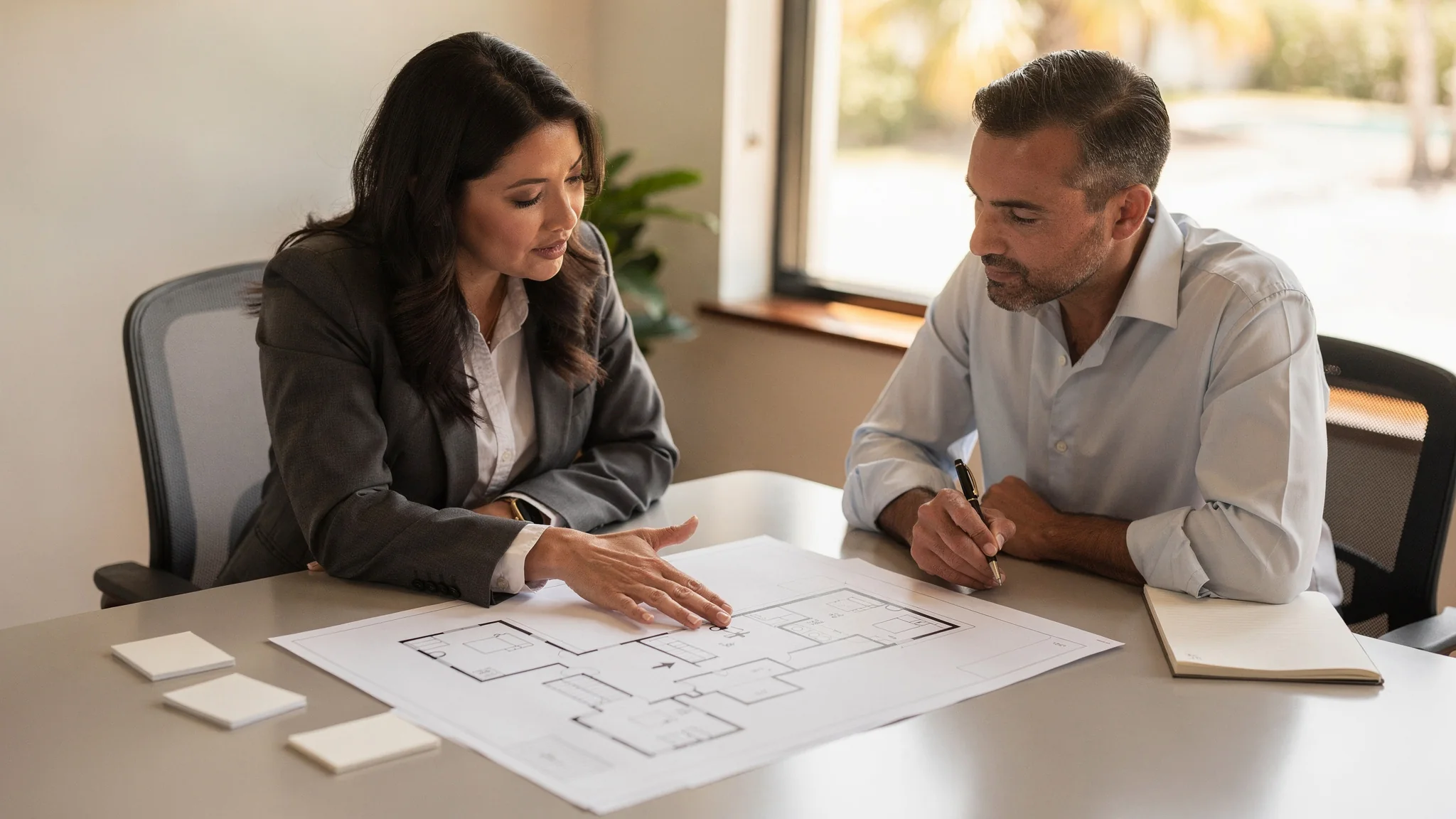 Comprador revisando la distribución de una vivienda y el flujo de la vida diaria con un asesor.