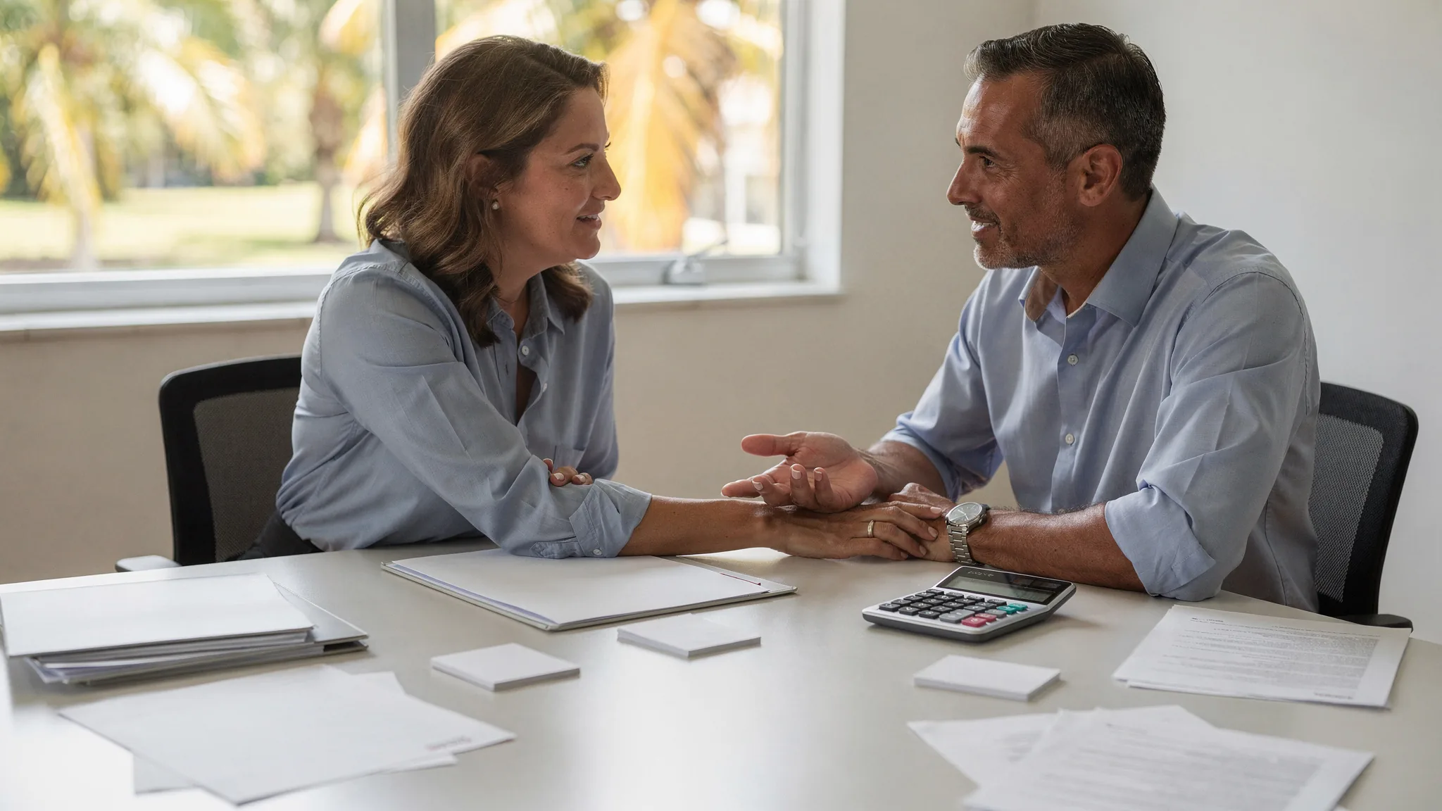 Comprador revisando preguntas de riesgo de propiedad en Broward con un asesor inmobiliario, usando mapas actuales y planificación futura.