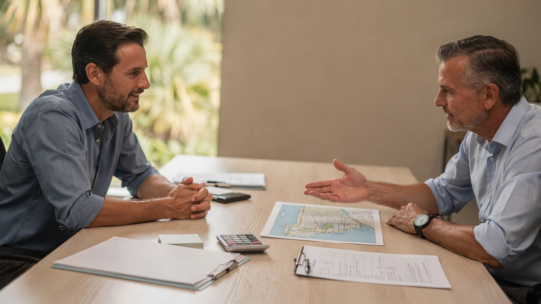 Comprador revisando preguntas sobre zonas de inundación y mapas locales con un asesor.