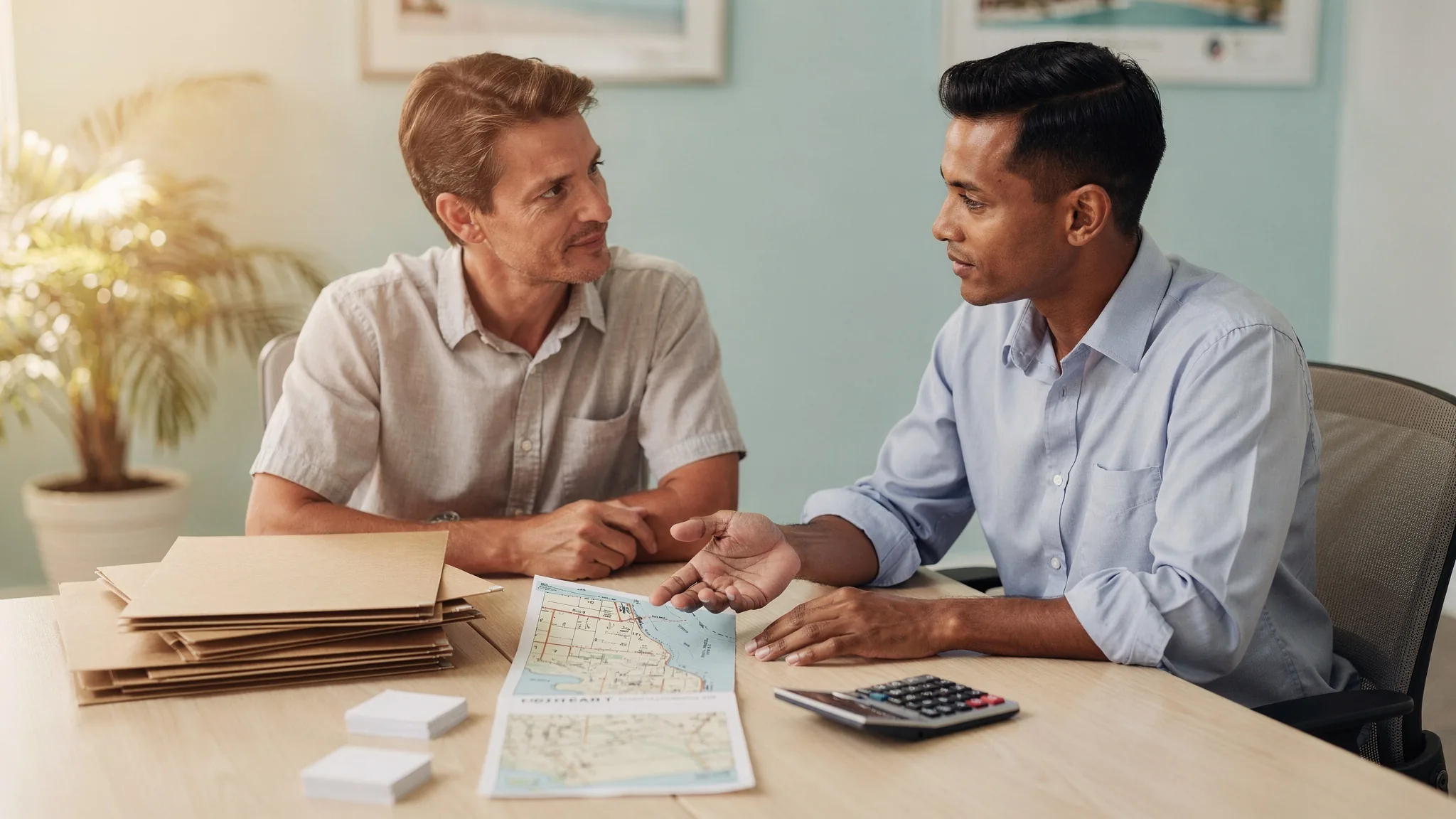 Comprador revisando preguntas de riesgo de propiedad en Miami-Dade por capas con un asesor inmobiliario.