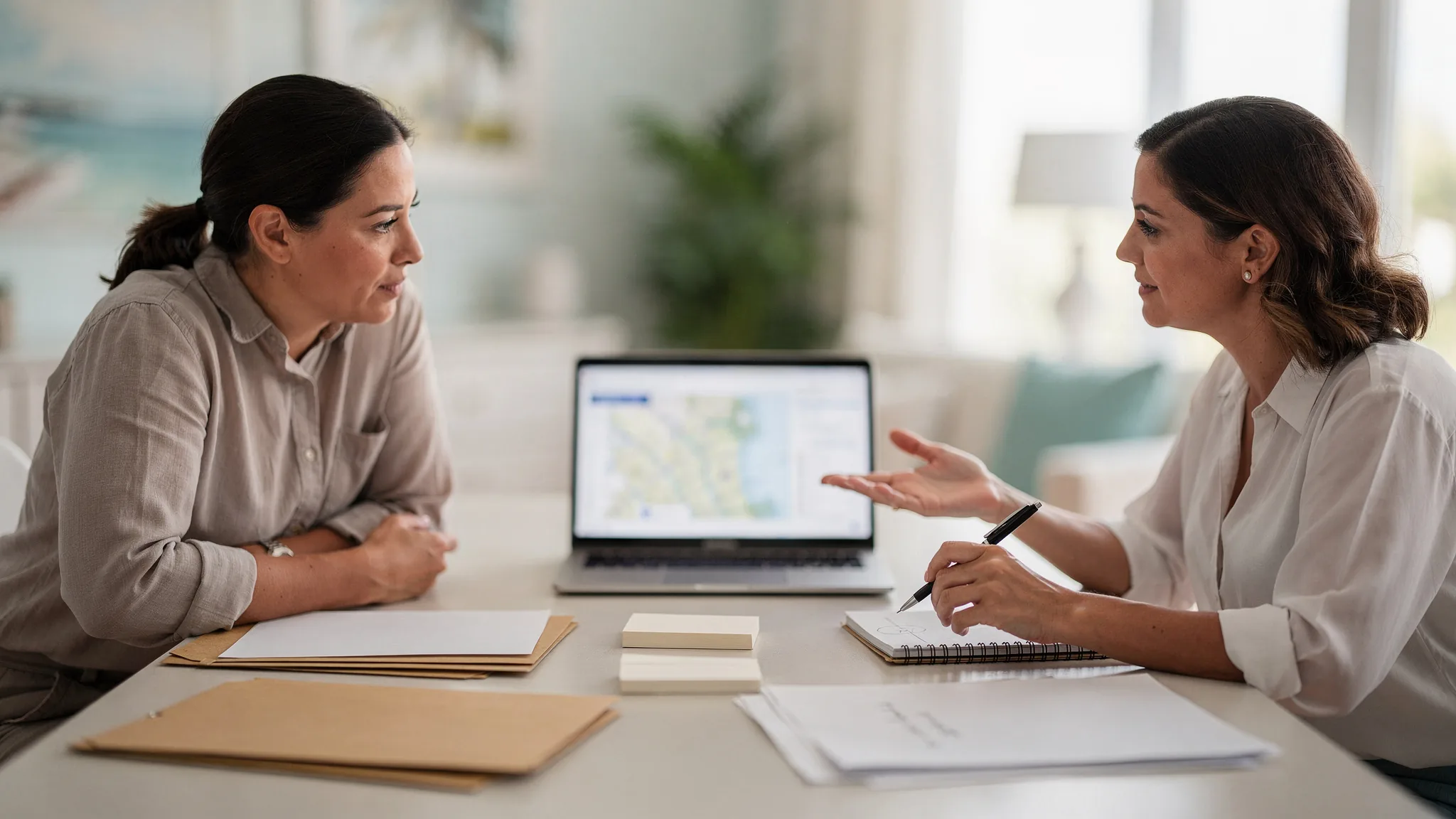 Comprador revisando mapas nuevos de inundación y preguntas de política local para una propiedad en Palm Beach County.