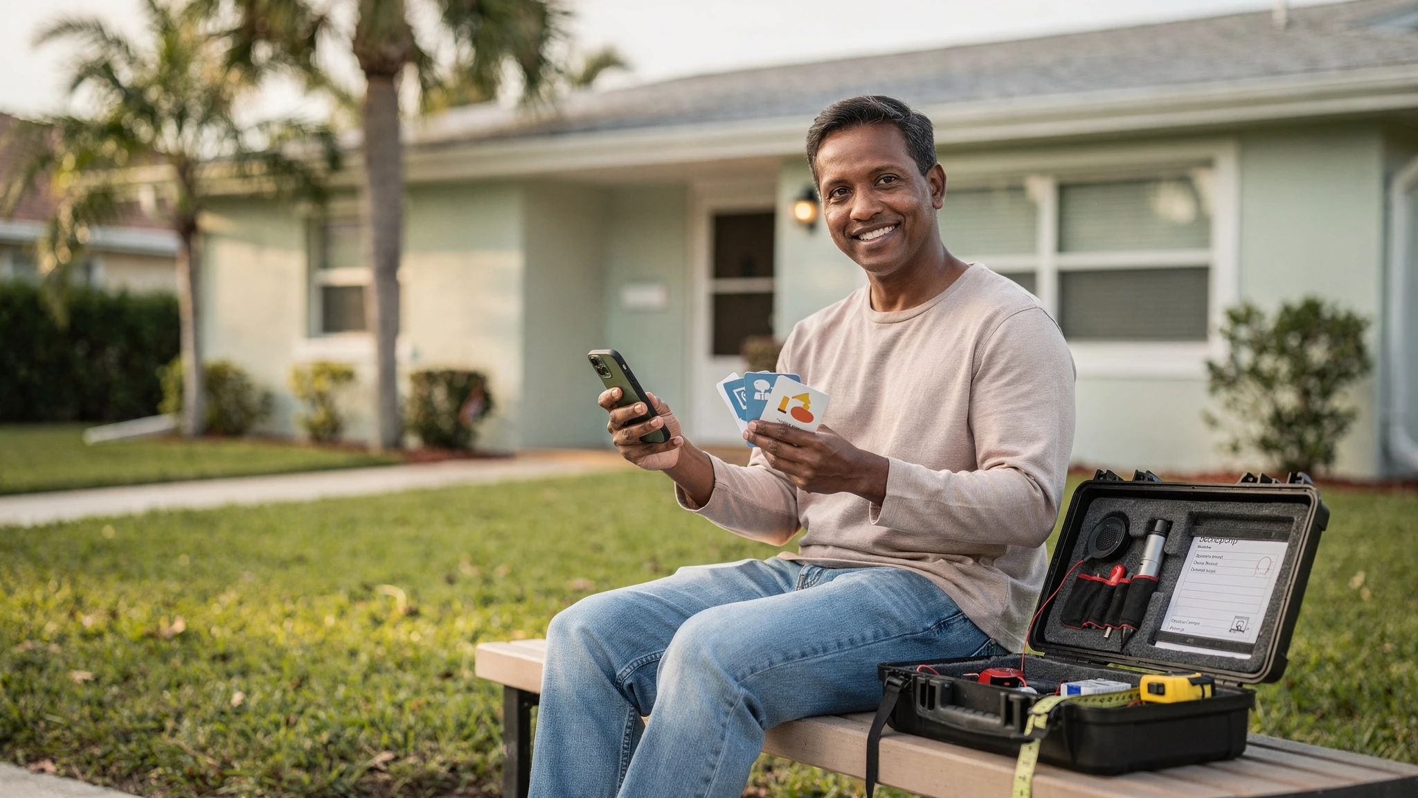 A calm first-time buyer reviewing notes on a phone with a small, confident smile, like someone checking a toolkit before a trip rather than taking a test