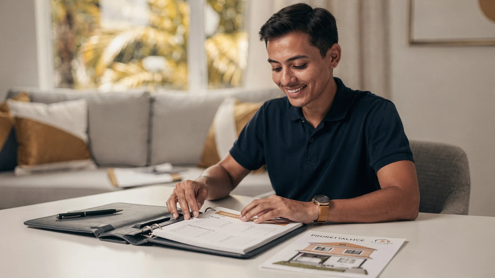 A calm first-time buyer sitting quietly with a small, steady smile after finishing a module, like someone closing a well-organized toolkit rather than celebrating a win