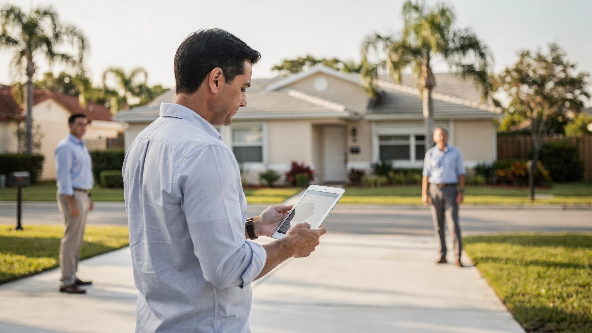 A calm first-time buyer viewing a home while checking a simple list on a tablet, unhurried and clear-headed rather than rushed or pressured