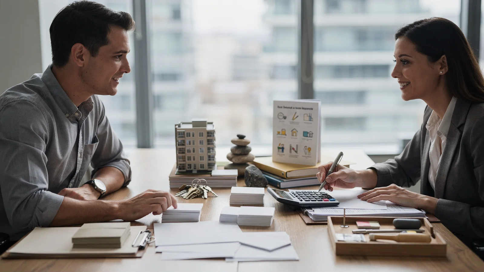 Homebuyer reviewing condo association risk factors with an advisor.