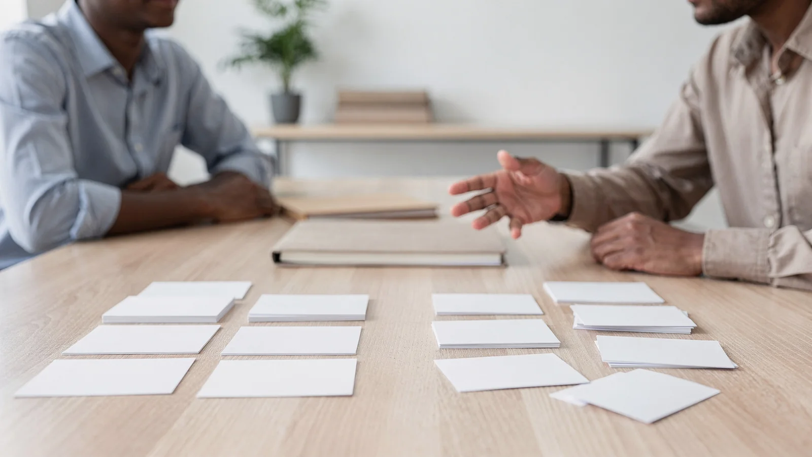 Homebuyer reviewing blank reserve and assessment cards with an advisor.