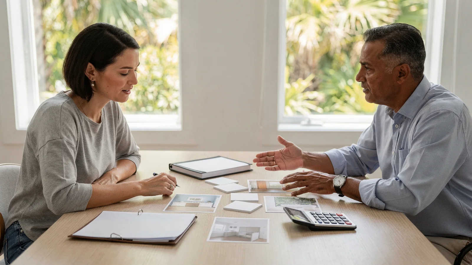 Homebuyer comparing cosmetic update photos with deeper review questions.