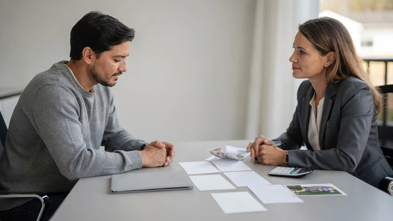 Homebuyer reviewing emotional buying pressure and decision cards with an advisor.