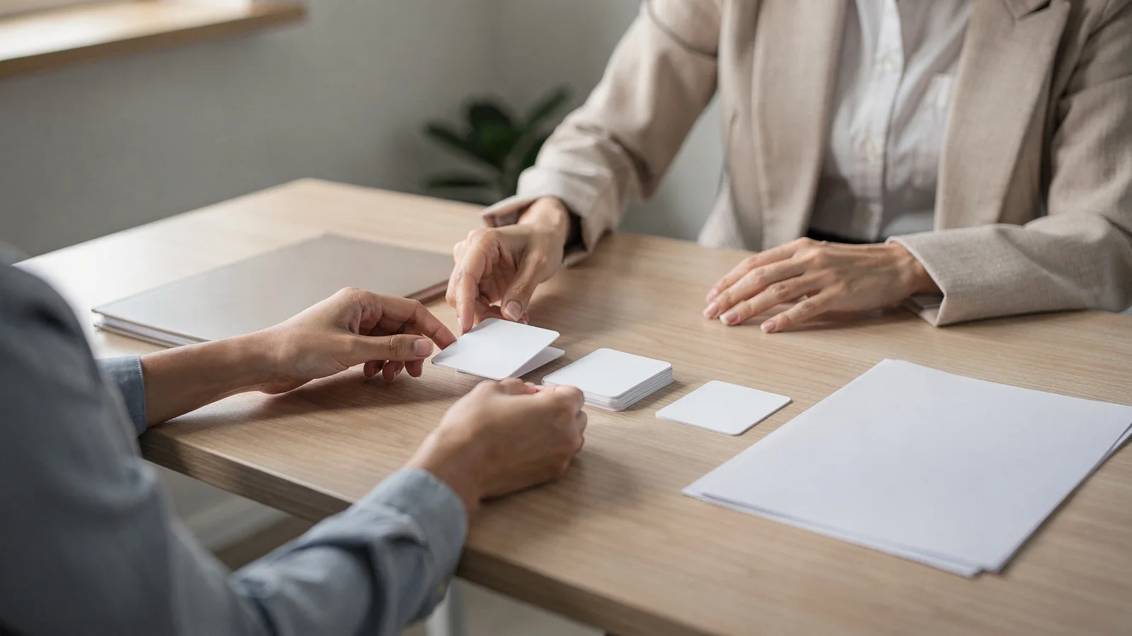 Homebuyer and advisor sorting blank cards for HOA daily-life questions.