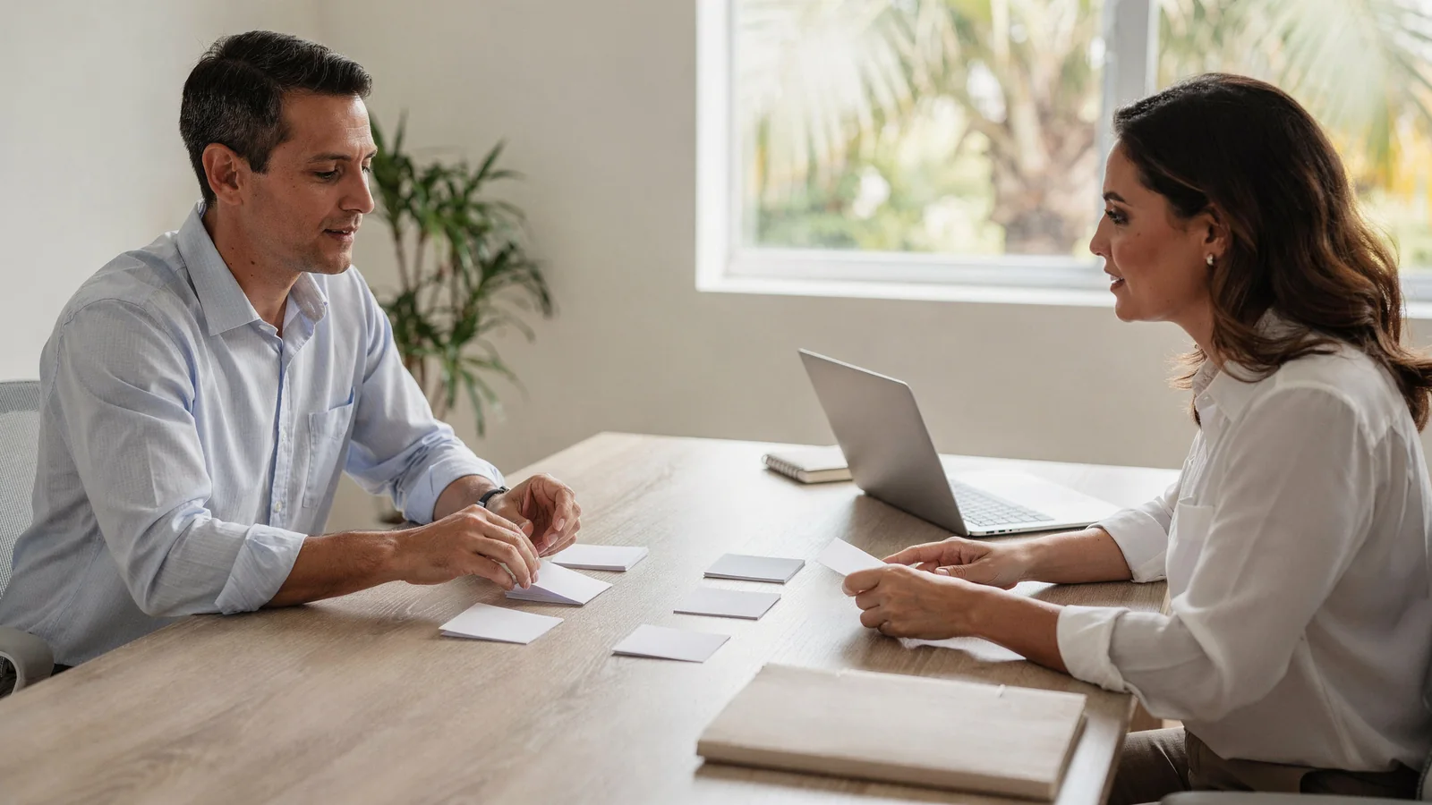 Un comprador de primera vivienda mira una casa con calma mientras revisa una lista sencilla en una tableta, sin prisa y con claridad en lugar de presión