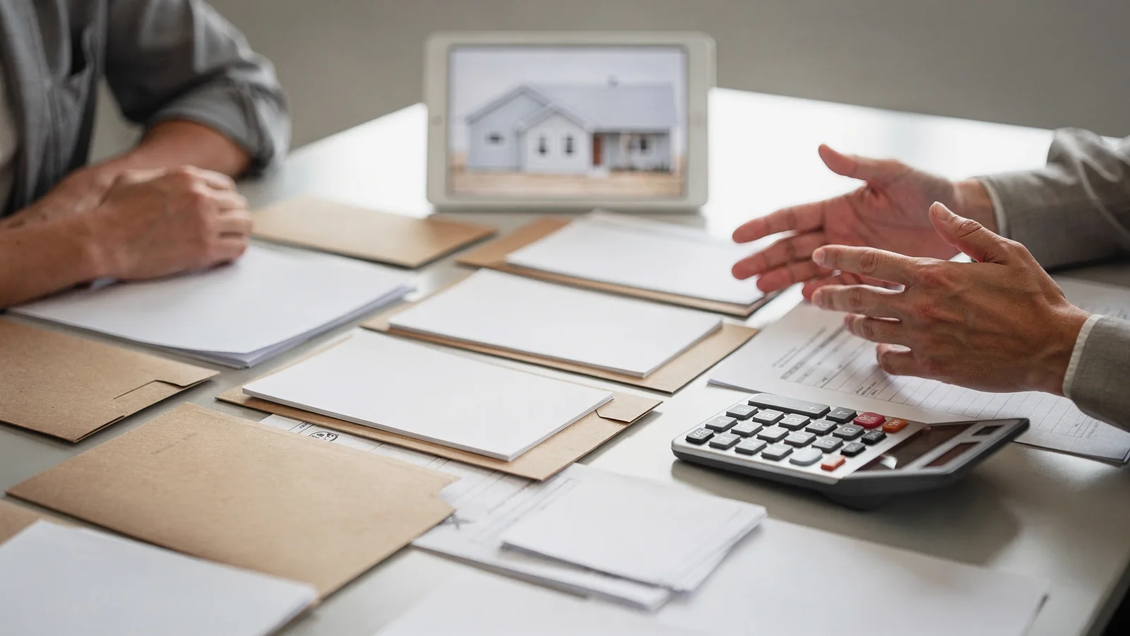 Comprador revisando preguntas de construcción nueva con un asesor.