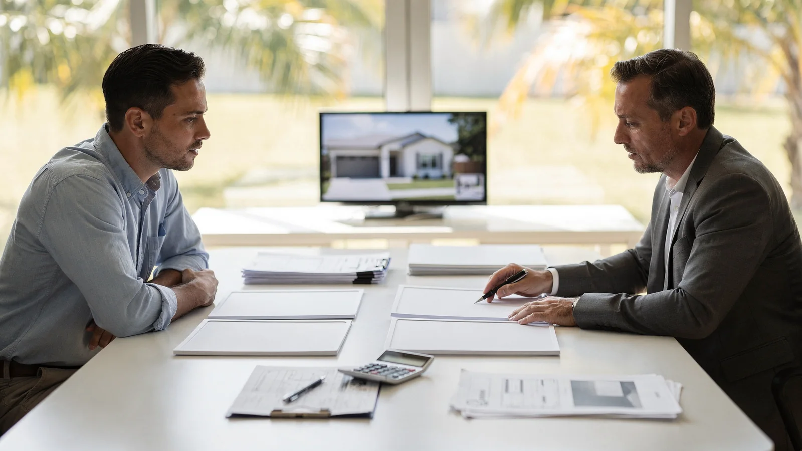 Homebuyer reviewing construcción nueva variables before deciding.