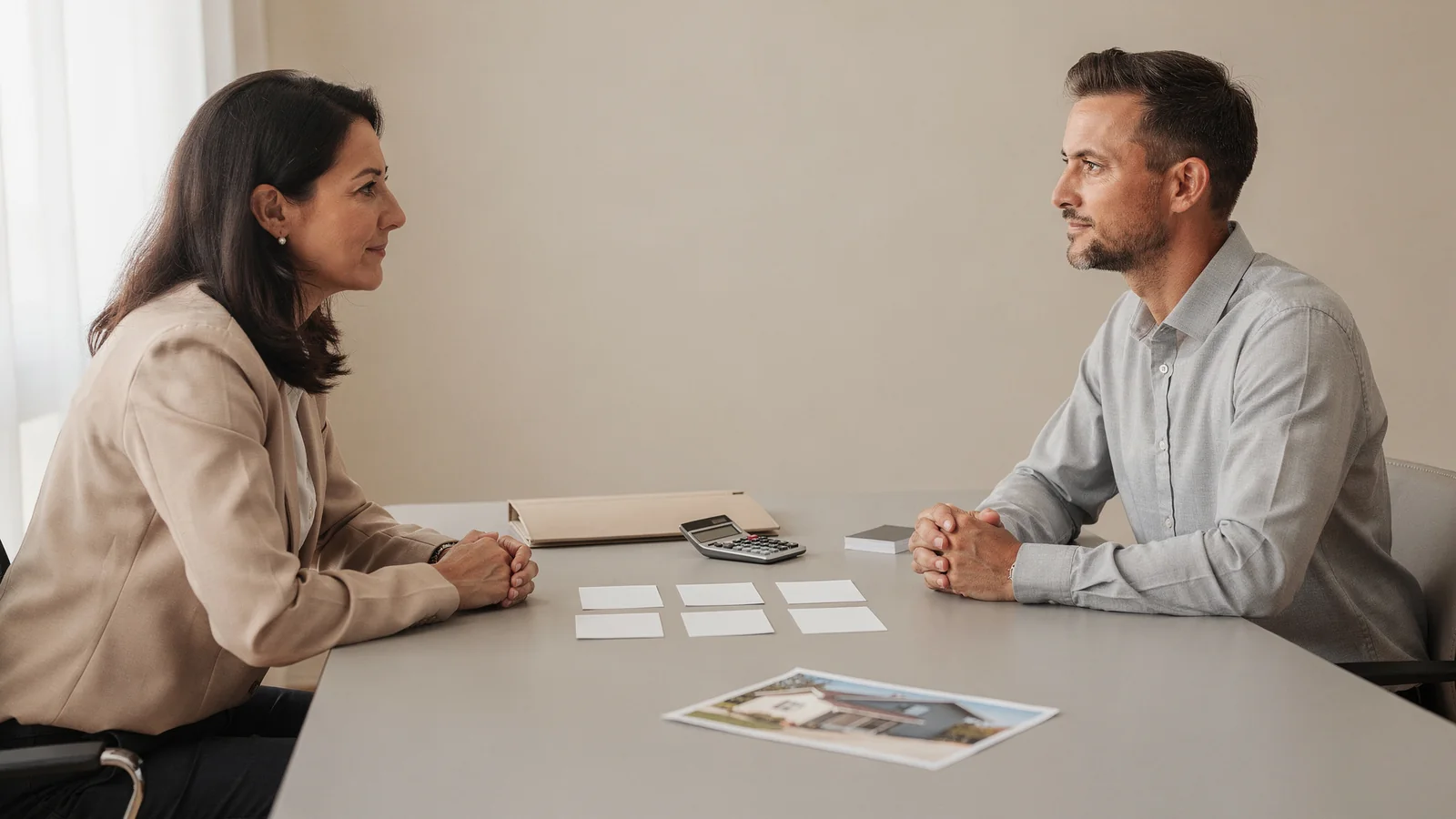Homebuyer pausing with an advisor before making an emotional buying decision.