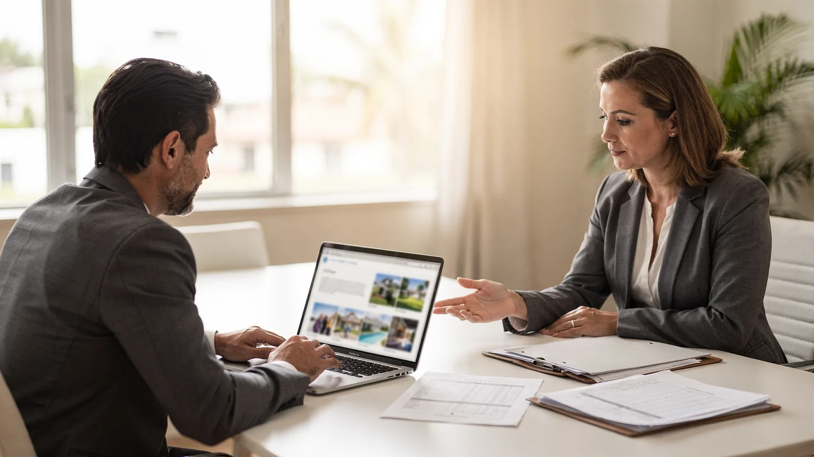Homebuyer reviewing blurred listing photos and missing details with an advisor.