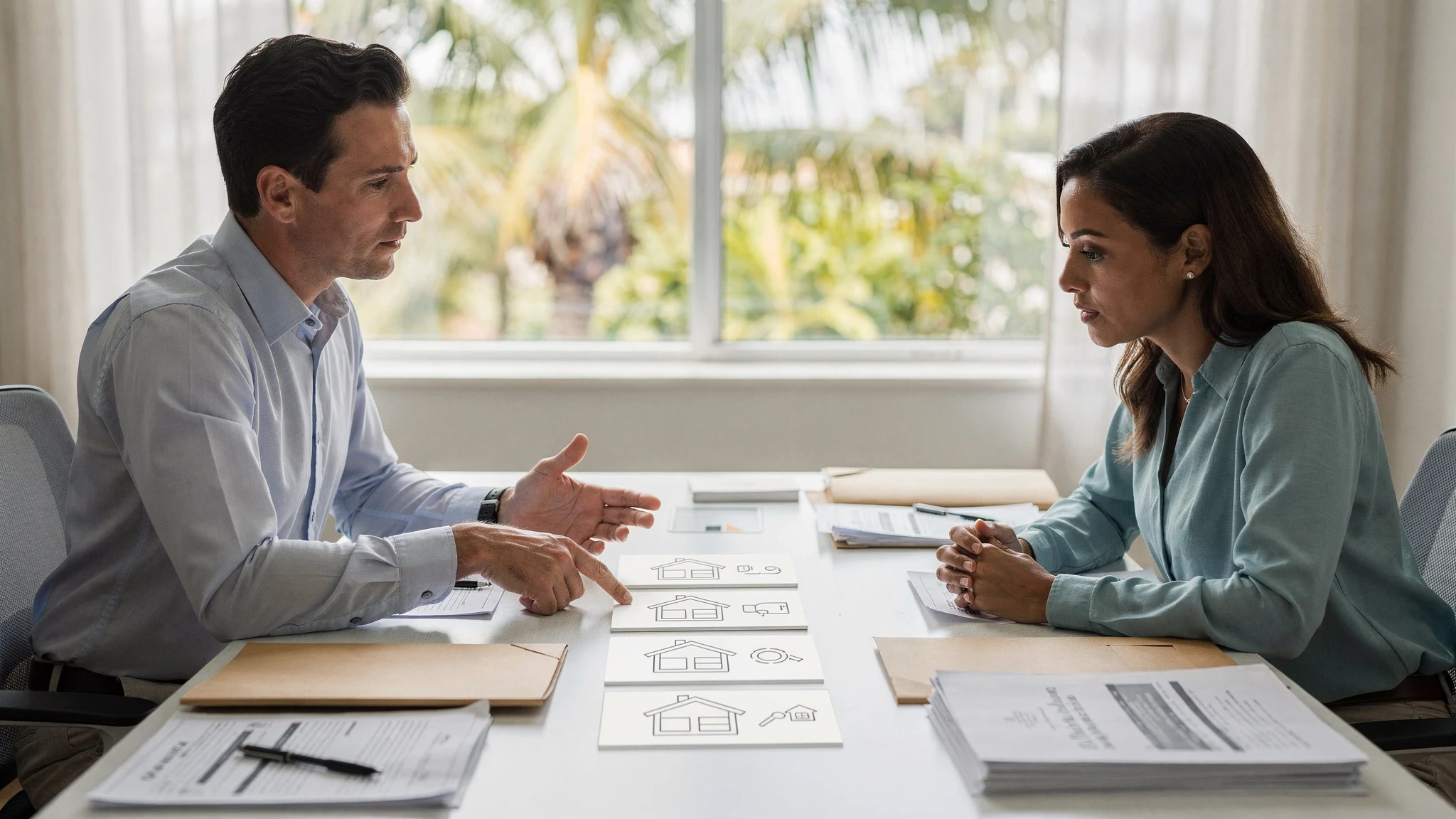 Homebuyer reviewing documented wind mitigation features with an advisor.