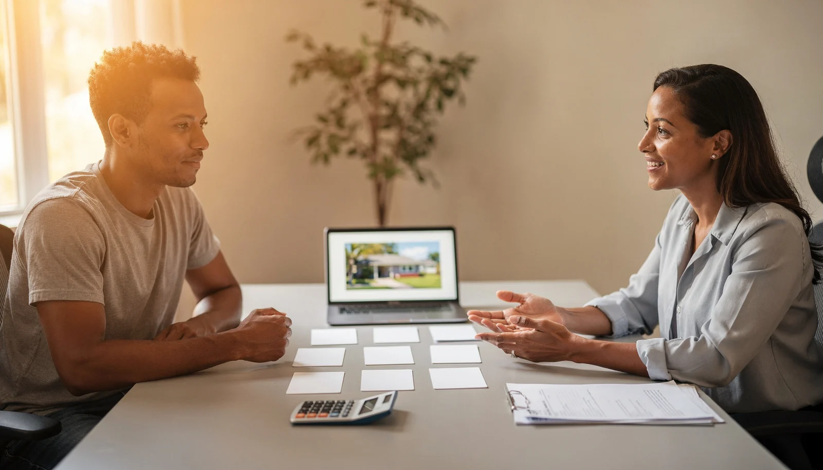 Buyer reviewing appraisal value and appraisal gap factors with an advisor.