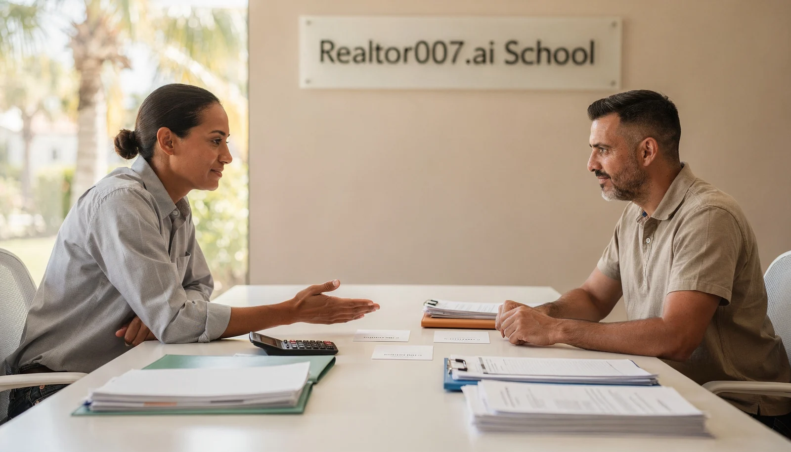 Buyer reviewing closing-day safety steps with an advisor at Realtor007.ai School.