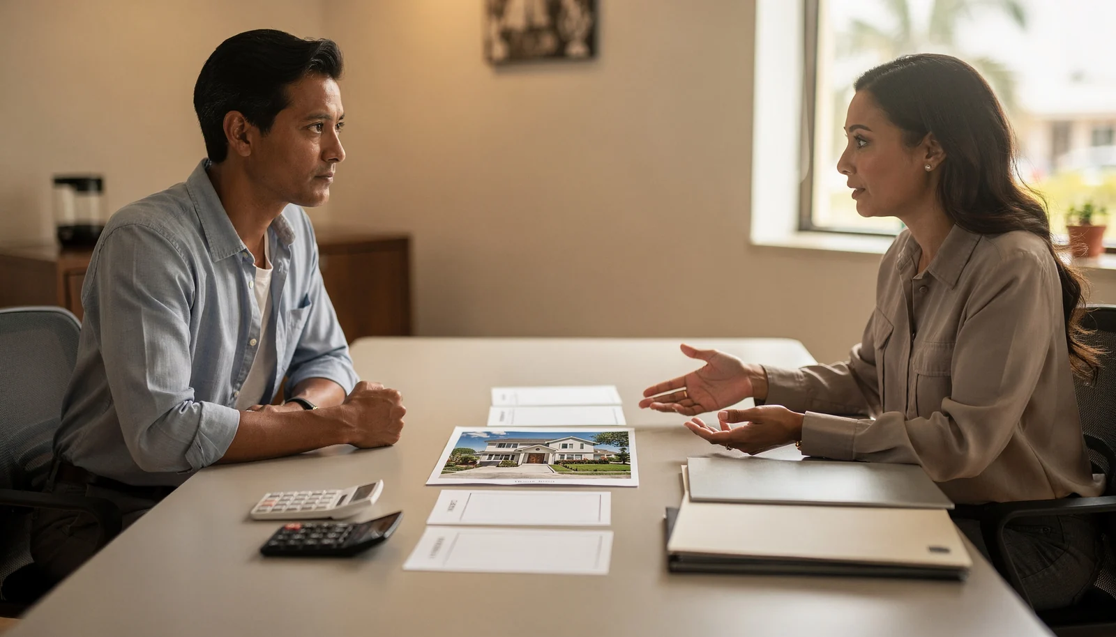 Buyer reviewing inspection-period decision cards with an advisor.