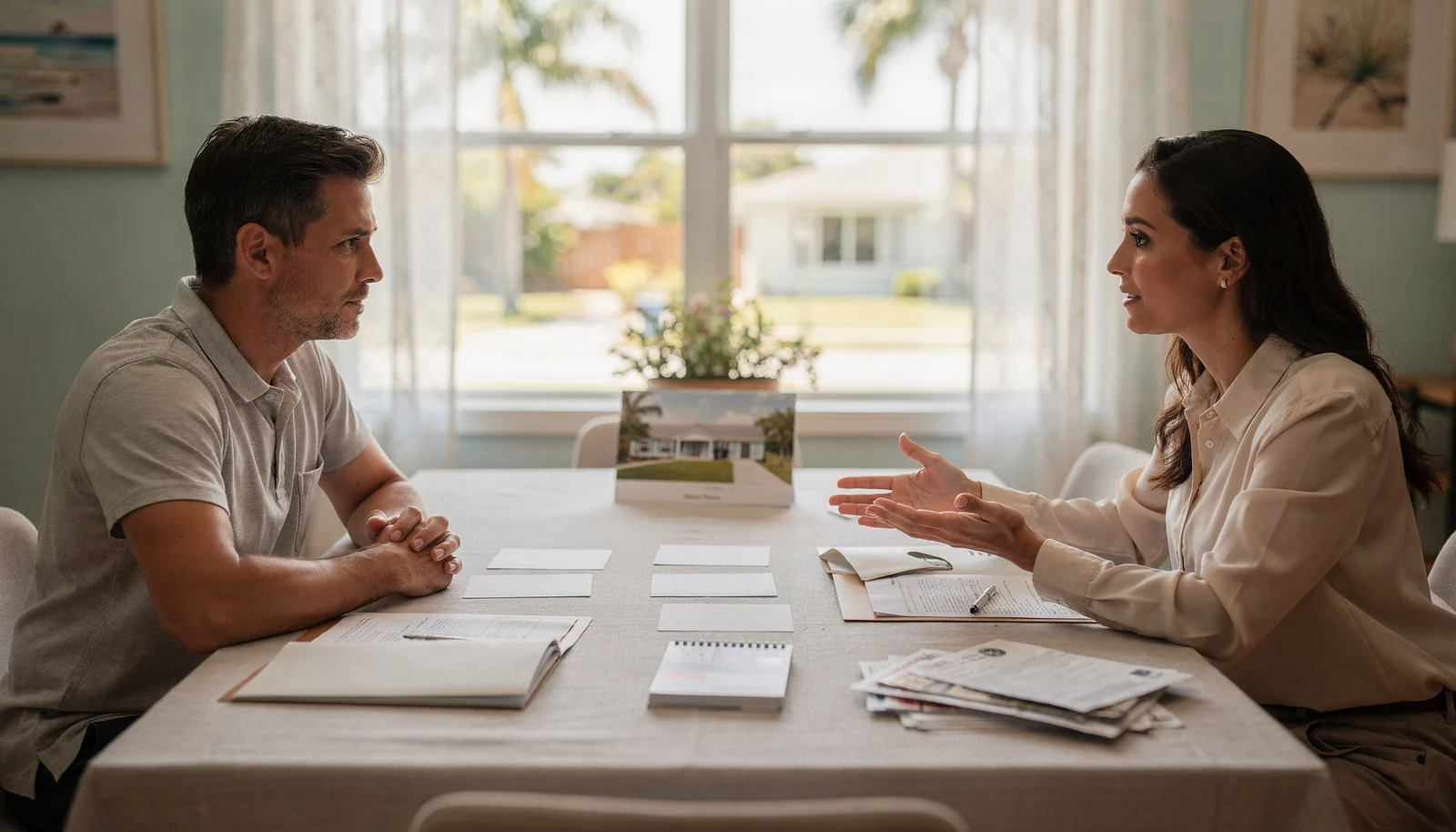 Buyer reviewing offer price decision factors with an advisor.