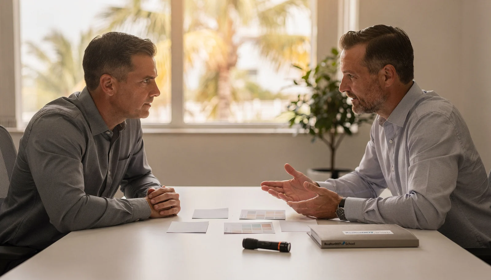 Buyer reviewing purchase contract responsibility cards with an advisor.
