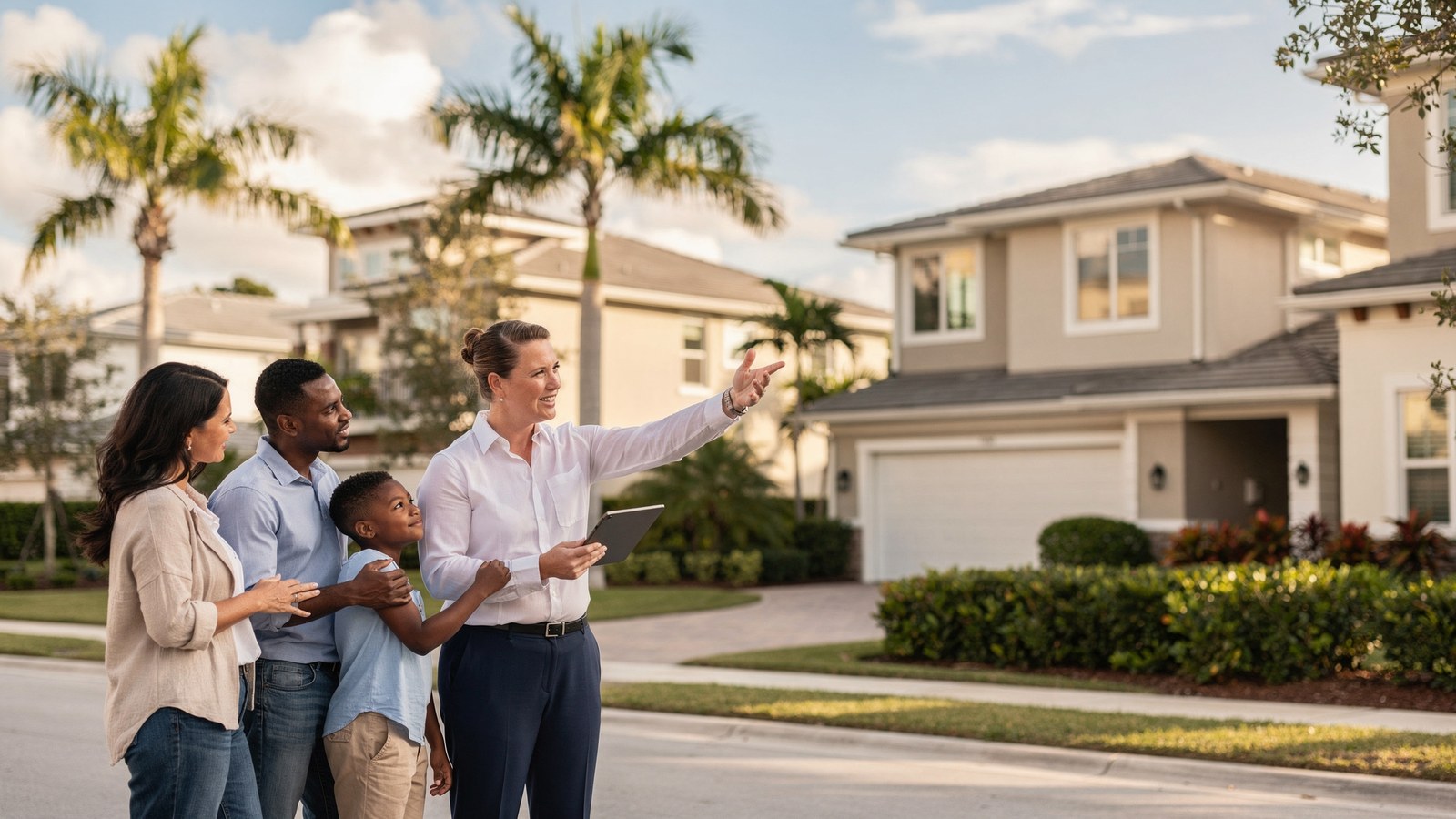 South Florida homebuyers visiting a new-construction community with calm advisor guidance.
